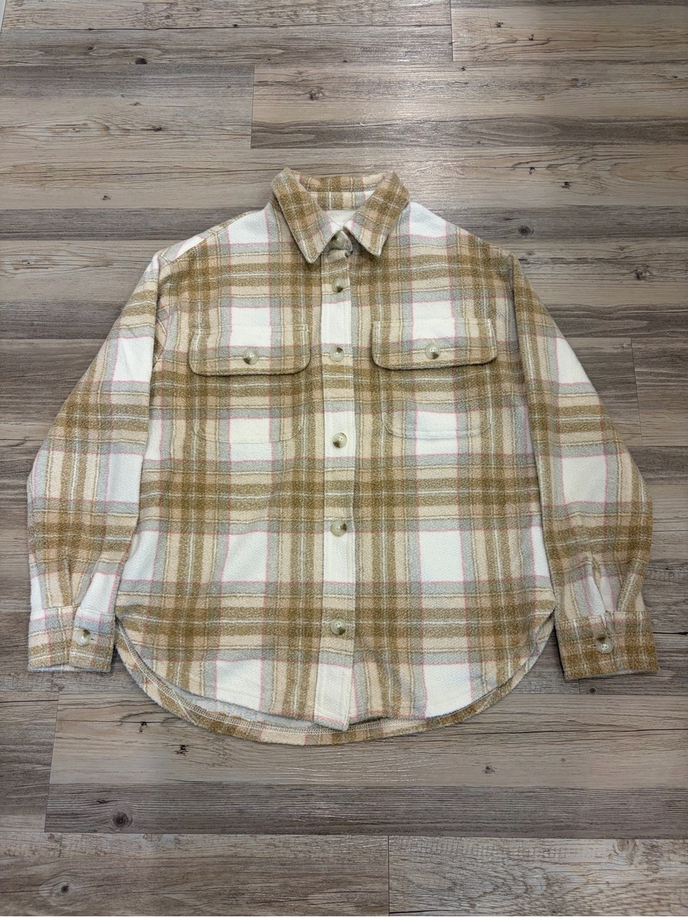 American Eagle Plaid Shacket in Cream, Tan & Pink